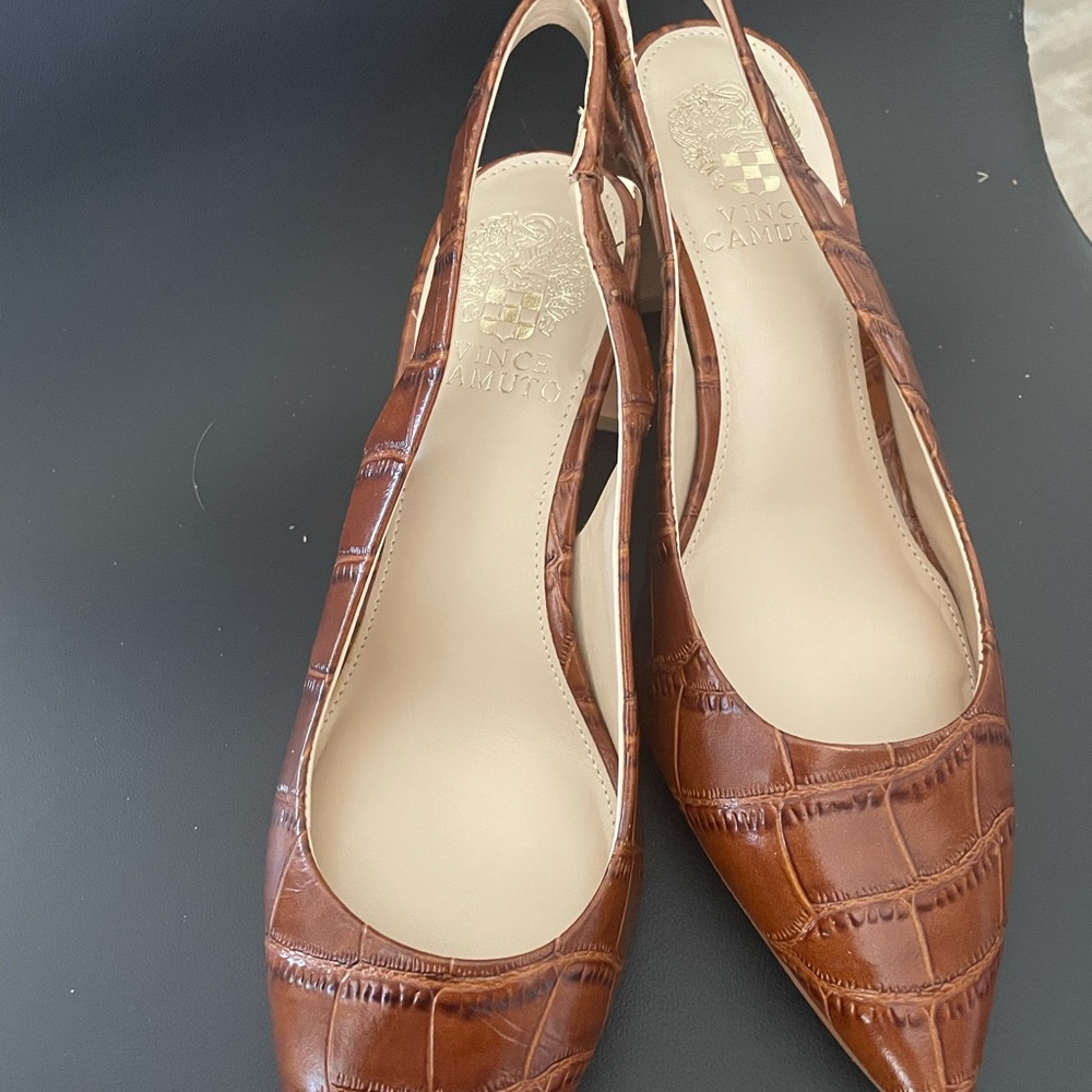 Vince Camuto Croc-Embossed Tan Slingback Flats
